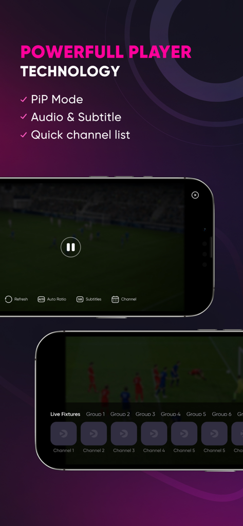 Fir IPTV - Interface Fir IPTV montrant des sports en direct avec mode PiP et fonctionnalités de liste de chaînes rapide