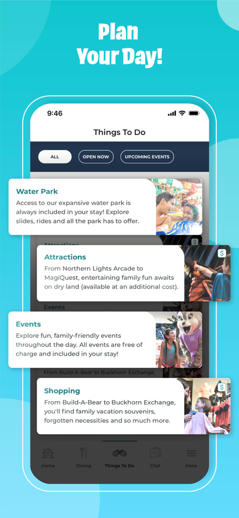 Great Wolf Lodge - Great Wolf Lodgeアプリの画面。ウォーターパーク、アトラクション、イベントなどのアクティビティカテゴリが表示され、保護者がその日の計画を立てるのに役立ちます。