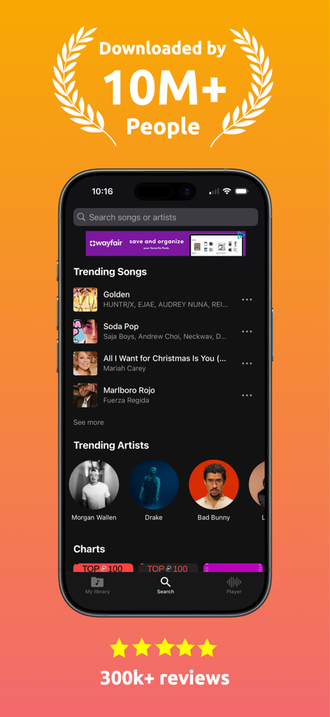 Trending Music Player - Trending Music Player interface showing trending songs artists and over ten million downloads