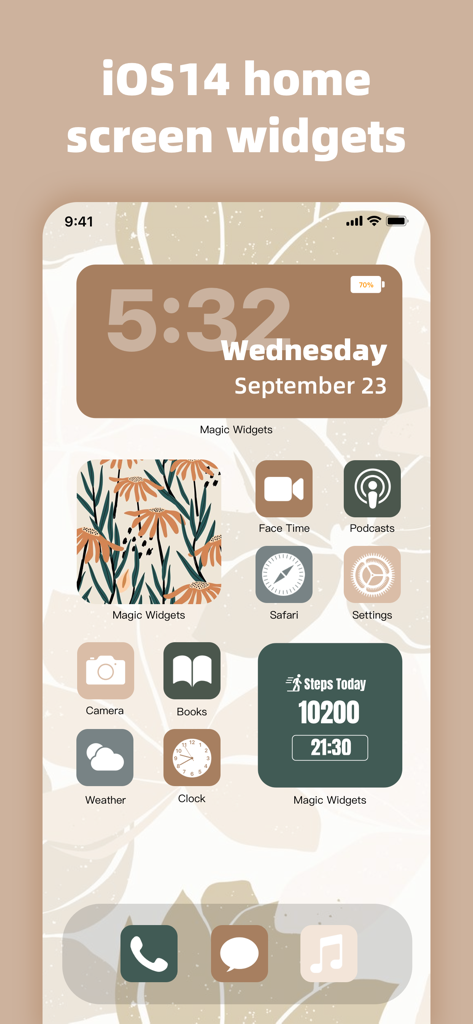 Customized aesthetic iPhone home screen with brown themed clock and step tracker widgets.