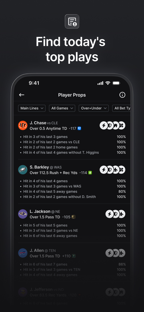 Linemateアプリのインターフェース。過去のパフォーマンス統計とともに、データに基づいたプレイヤープロップの推奨事項が表示されます。