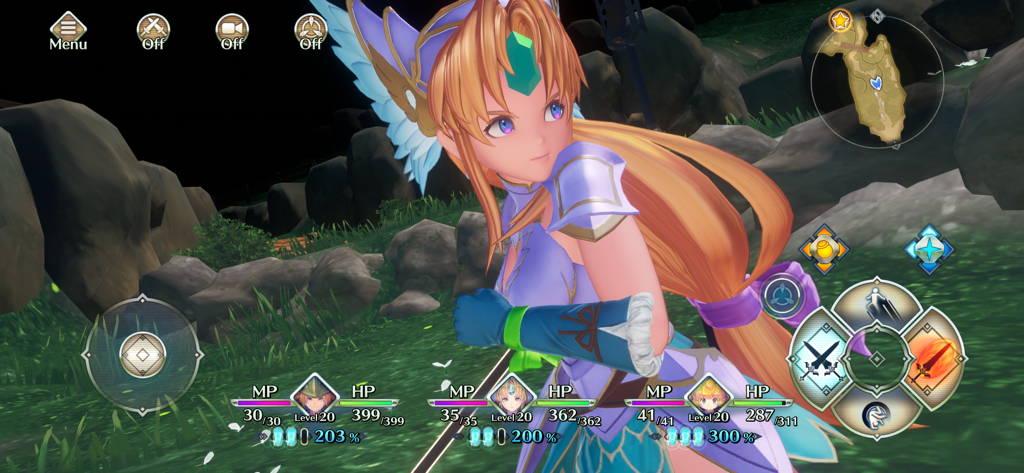 Gameplay screenshot of Trials of Mana showing the character Riesz and the mobile touch interface