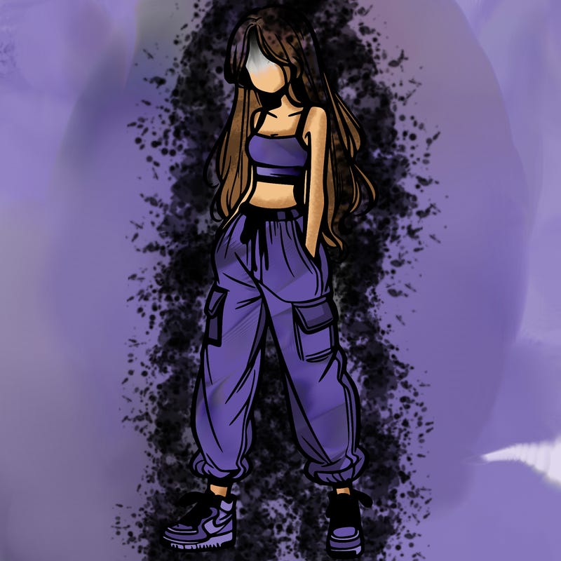 girl in baggy pants crop top and long hair