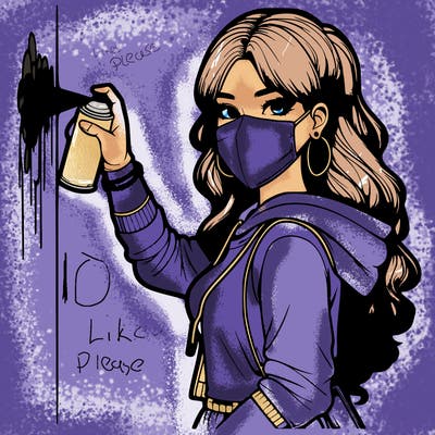 realistic girl with mask spray painting a wall