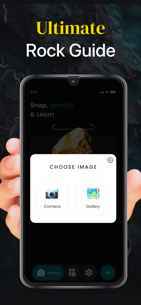 Rock and Stone Identifier app screen showing a pop-up with options to upload a rock photo from the camera or gallery.