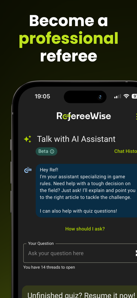 Interface of the RefereeWise app featuring an AI Assistant for soccer rules and game decisions