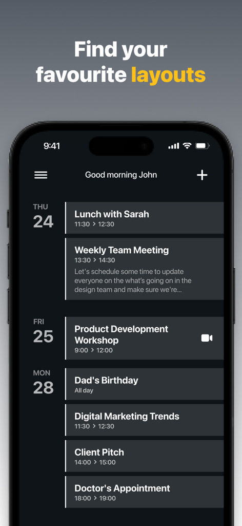 Solid Calendar - Interfaz de la aplicación Solid Calendar mostrando un horario en modo oscuro con eventos diarios e integración de videollamadas.