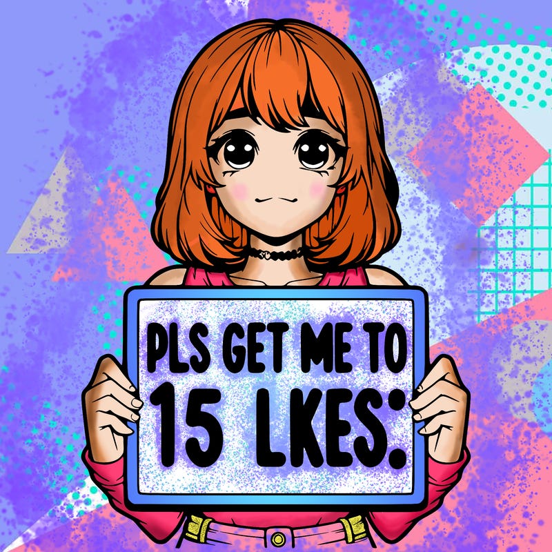 realistic girl holding up a sign that says “pls get me to 15 likes!”