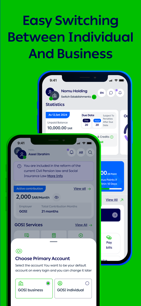 GOSI mobile app interface for switching between business and individual accounts