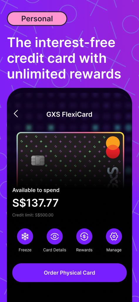 GXS Bank - GXS FlexiCard interface showing available spend balance and card management options like freeze and rewards.