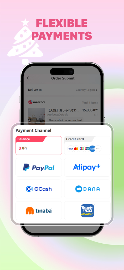 Rakufun:Buy From Japan - PayPal 및 주요 신용카드를 포함한 다양한 국제 결제 옵션을 보여주는 라쿠펀 앱의 모바일 화면