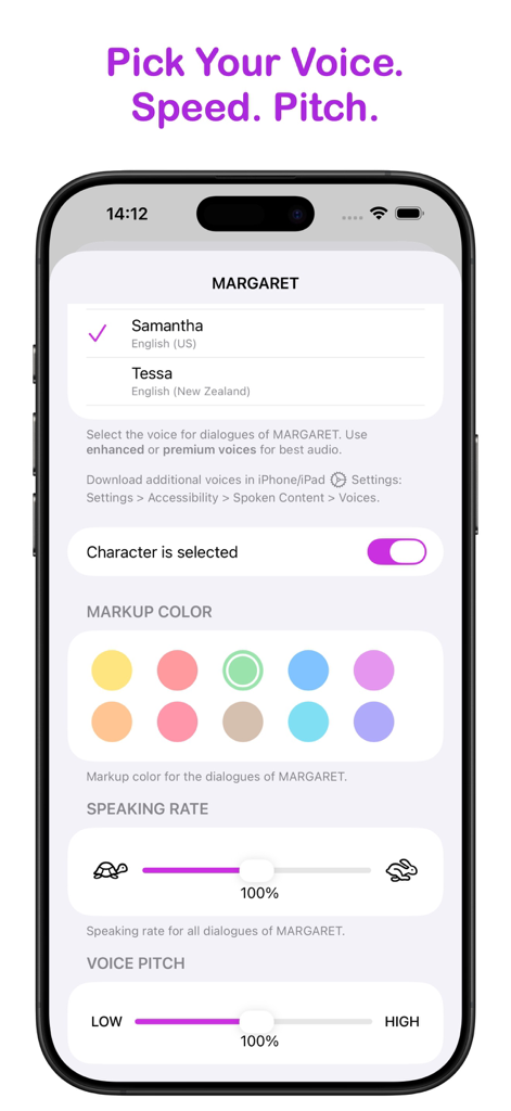 Interface for customizing character voice, speed, and pitch settings in the Script Buddy rehearsal app.