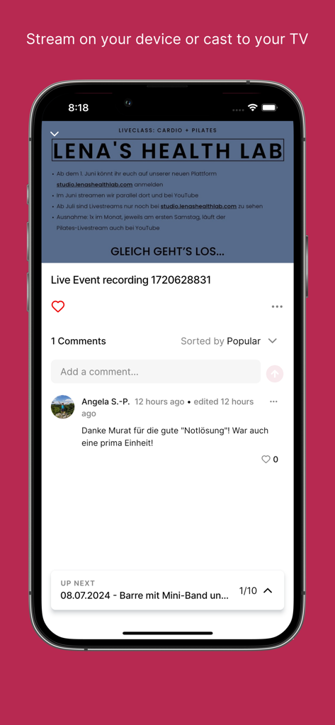 Lena's Health Lab - Smartphone screen of Lena's Health Lab app showing a live session recording and community comments section.