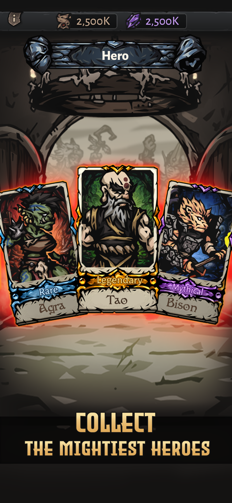 Darkest AFK: IDLE RPG Arena - Three hero cards from Darkest AFK featuring character classes and the caption Collect the Mightiest Heroes