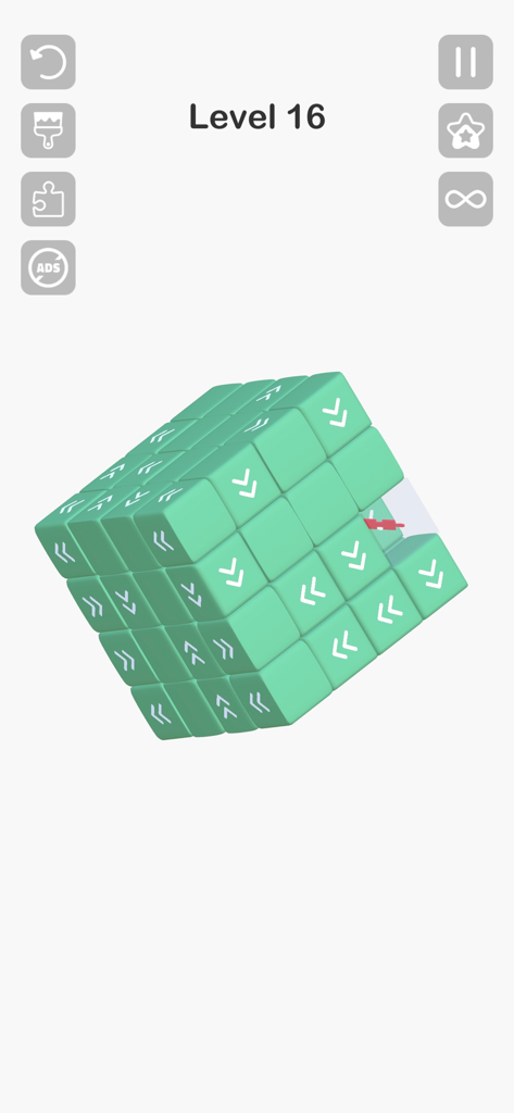 Gameplay screenshot of Tap Master showing a 3D cube of teal blocks with directional arrows on a white background