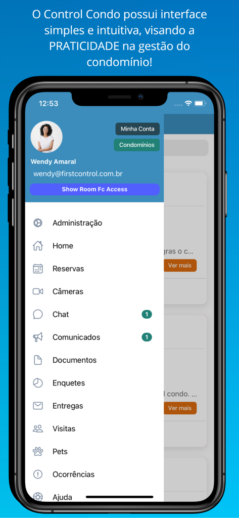 Control Condo - Mobile app interface of Control Condo showing a side navigation menu with property management features like reservations, cameras, and visitor access.