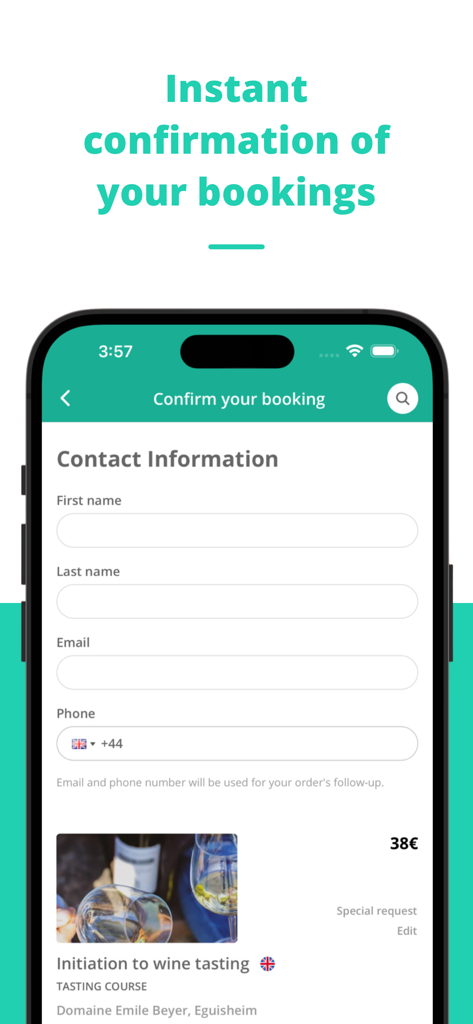 Rue des Vignerons - Booking confirmation screen in the Rue des Vignerons app showing contact information fields for a wine tasting experience