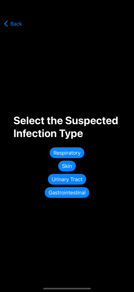 Infection Checker - Selection screen for suspected infection types including respiratory, skin, urinary tract, and gastrointestinal categories.