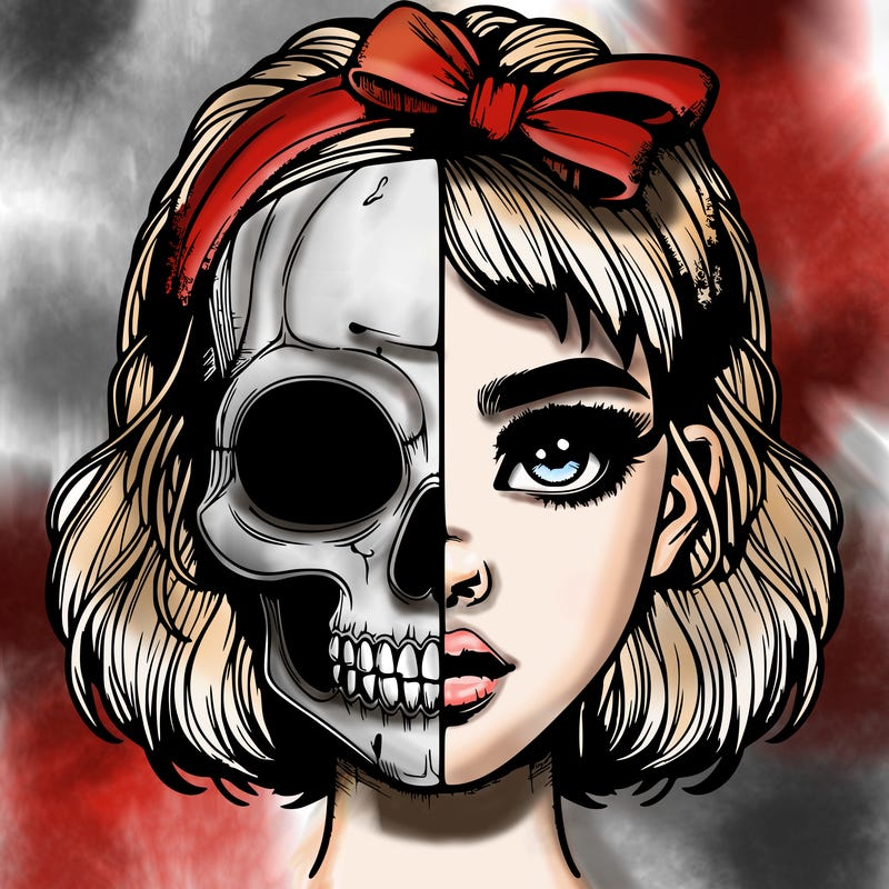 realistic girl with half skull mask