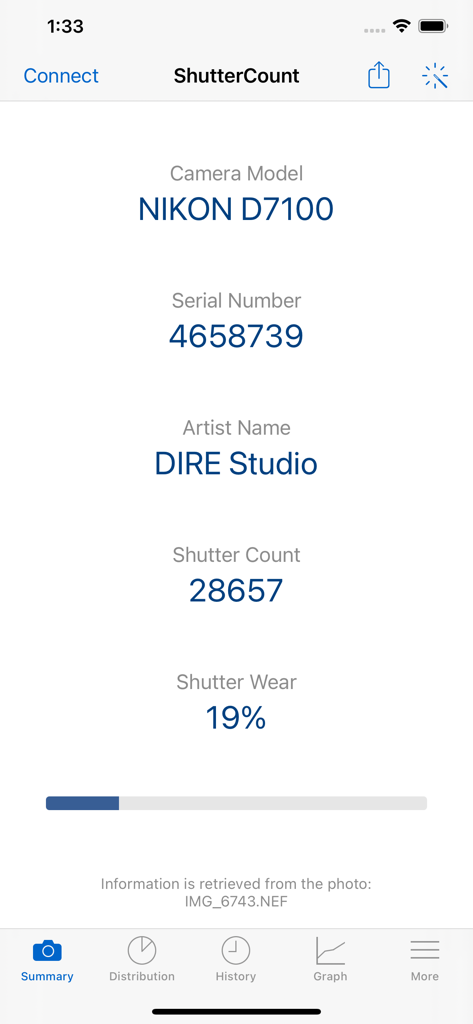 ShutterCount Mobile - ShutterCount Mobile app summary screen displaying the shutter count and wear percentage for a Nikon D7100 camera.