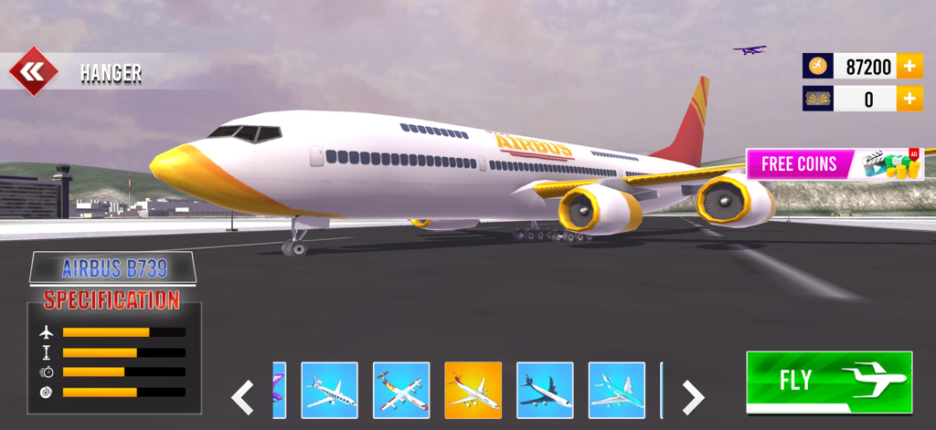 Airplane Sky Adventure 2025 - Menú de selección de aeronaves en Airplane Sky Adventure 2025 que muestra un Airbus B739 blanco y amarillo en un hangar