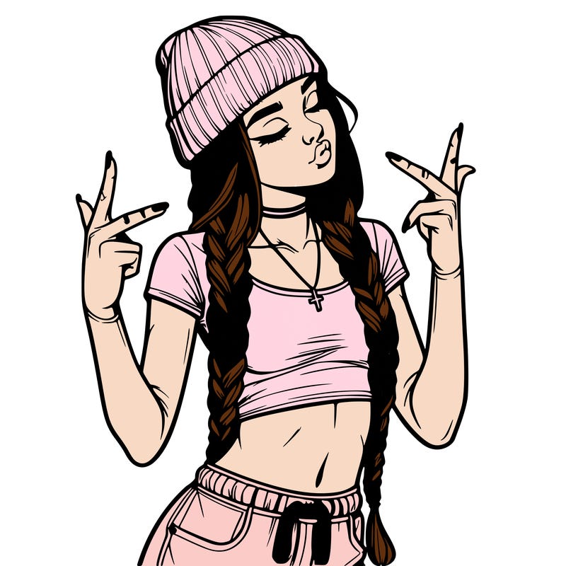 realistic teenage girl with braids and a beanie and crop top doing 🫶🏼