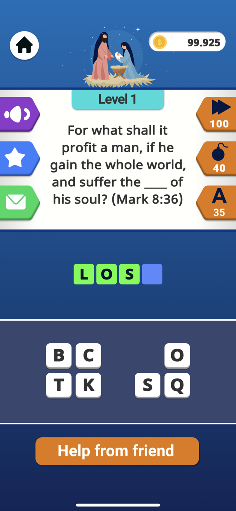 Bible Word Puzzle Games - A mobile game screen featuring a Bible verse word puzzle from the book of Mark with a nativity scene illustration.