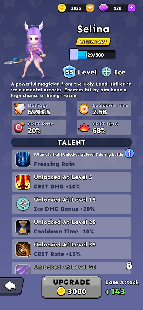 Kings Defender: Tower Defense - Character profile screen for Selina a legendary ice magician hero showing stats and talent upgrades