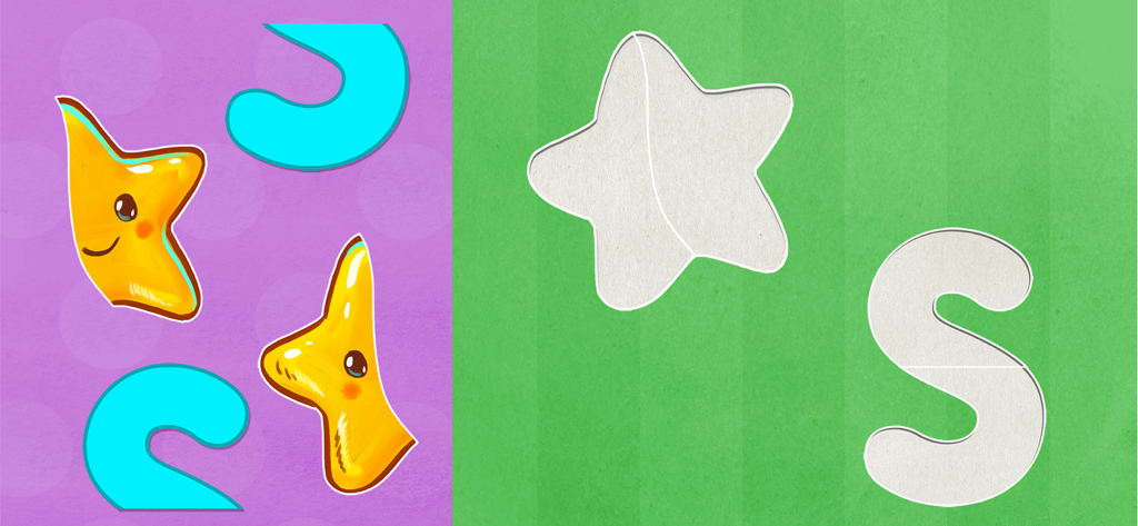 Kids games for toddlers 2-4 - Educational toddler game interface showing puzzle pieces for a star and the letter S