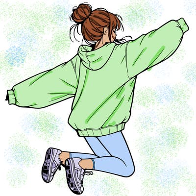 realistic girl jumping with a bun and oversized sweatshirt