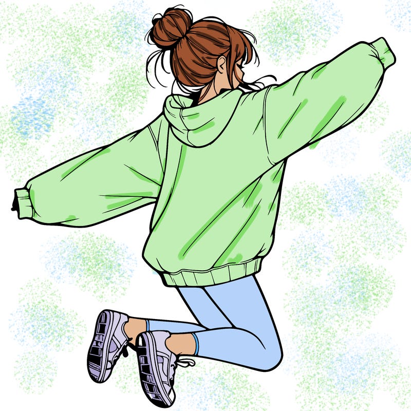 realistic girl jumping with a bun and oversized sweatshirt