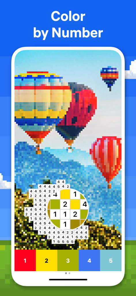 Pixel Art － Color by Number - Interface do aplicativo de colorir pixel art com balões de ar quente numerados.