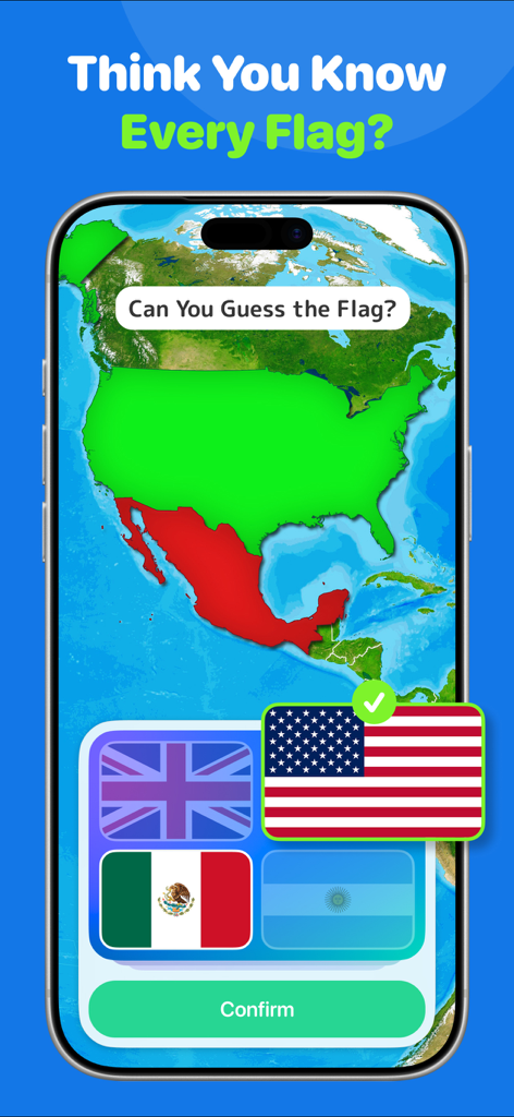 Geography Quiz: GeoGeek - GeoGeek app screen showing a flag guessing game with a map of North America and a selection of international flags.