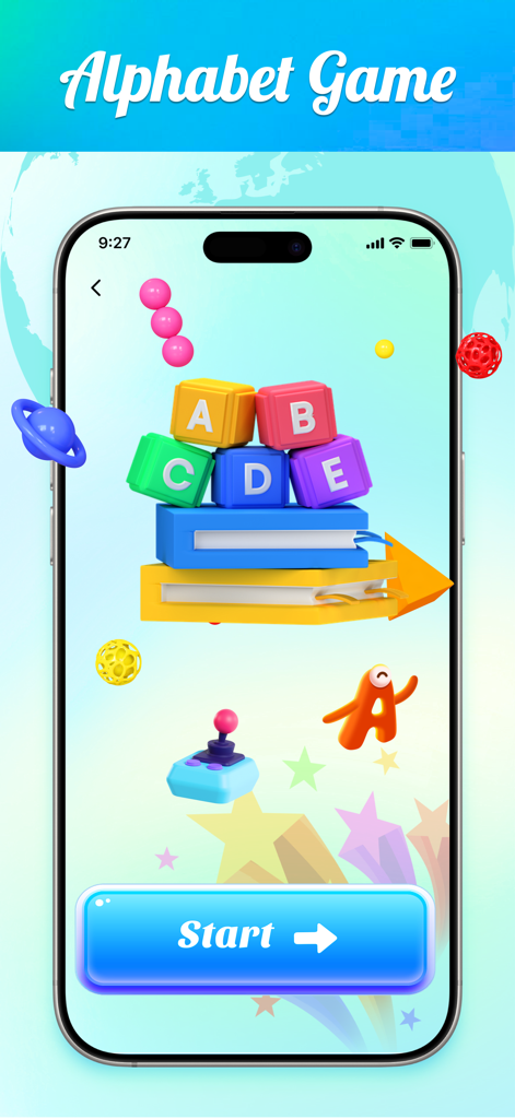 Translate Rabbit - Interfaccia dell'app Translate Rabbit che mostra la schermata di inizio del Gioco dell'Alfabeto con blocchi 3D colorati e icone di lettere