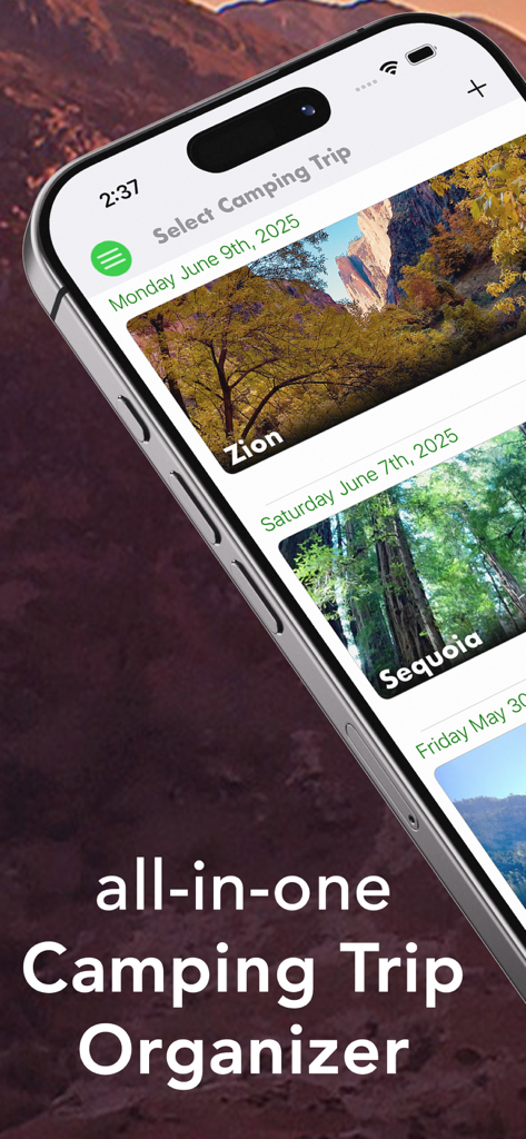 Smartphone showing the Pro Camping Planner app with a list of upcoming camping trips to Zion and Sequoia.
