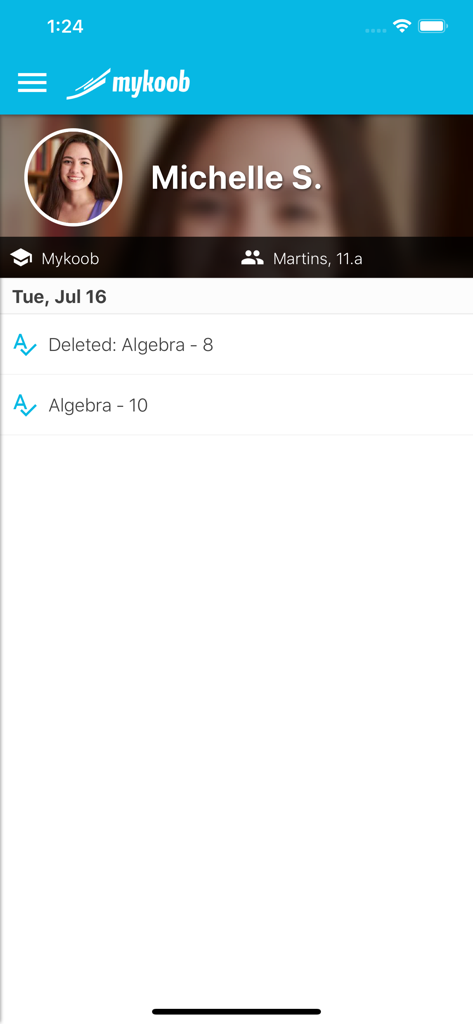 Mobile screen of Mykoob app displaying a student profile and recent algebra grades updates