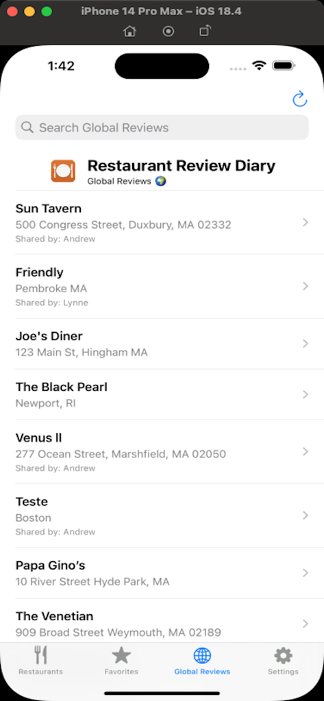 Restaurant Review Diary - A list of community shared restaurants on the Global Reviews screen of the app