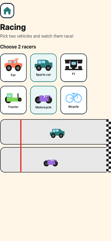 MiniKids Ultimate - Una pantalla de actividad de carreras minimalista donde los niños pueden elegir dos vehículos como coches o motocicletas para verlos competir en una pista.