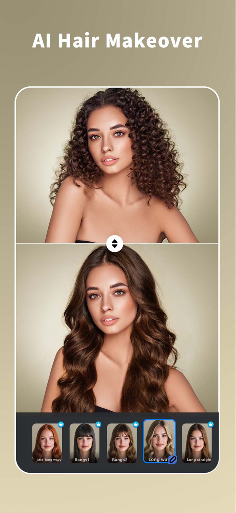 Everlook- Face & Body Editor - Les cheveux d'une femme transformés de bouclés à ondulés à l'aide de l'outil de relooking capillaire par IA d'Everlook avec différentes options de coiffure affichées ci-dessous.