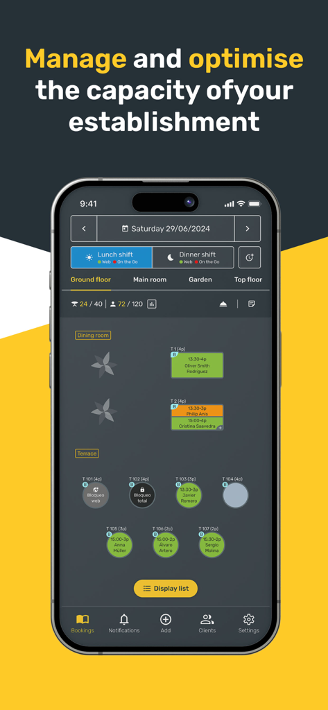 CoverManager mobile App zeigt einen Restaurant-Tischplan mit Tischreservierungen und Tools zur Kapazitätsoptimierung