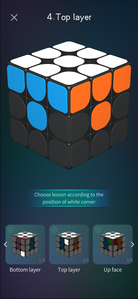 Interactive 3D tutorial screen for solving the top layer of a Rubiks cube in Puzzle School app