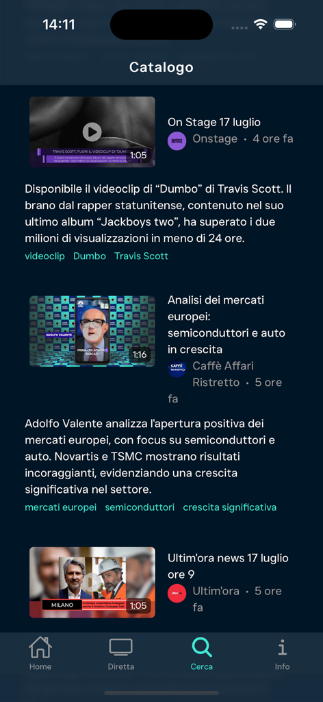 UpTv - Screenshot des UpTv App-Videokatalogs mit Nachrichten- und Finanzsegmenten.
