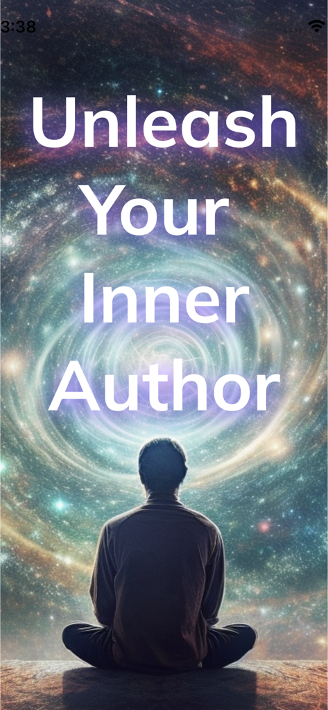 AI Book Writer - Story Maker - A person sitting before a cosmic swirl with the text Unleash Your Inner Author
