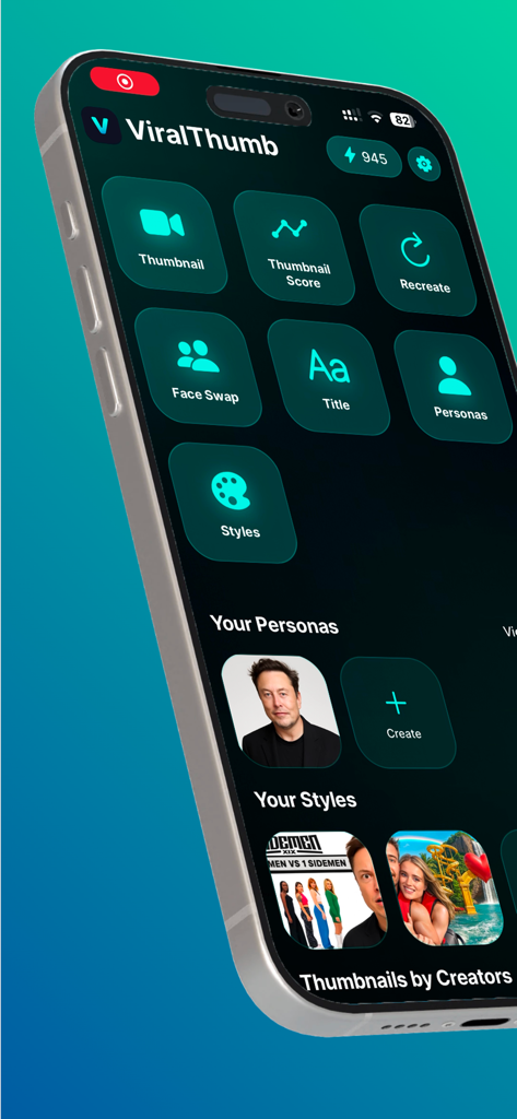 Viralth : Ai Thumbnail Maker - Un smartphone mostrando el panel de la aplicación Viralth AI Thumbnail Maker con herramientas como intercambio de rostros y recreación de miniaturas