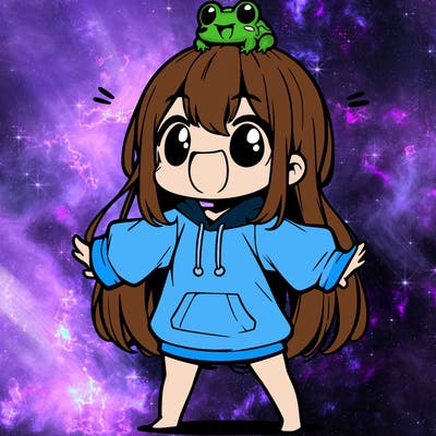 a excited chibi girl whith long hair and a baggy shirt whith a frog on there head