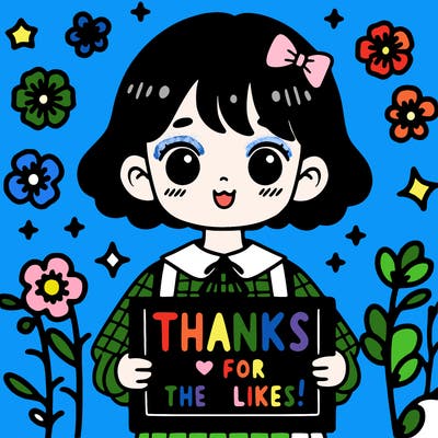 a cute girl with a sign that says "thanks for the likes!"