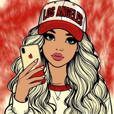 realistic beautiful girl wearing los ángeles cap holding an iphone