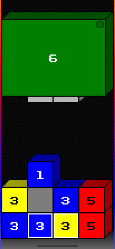 Columber - Una pantalla de puzle minimalista en Columber que muestra bloques codificados por colores con números para resolver desafíos de matemáticas y teoría del color.