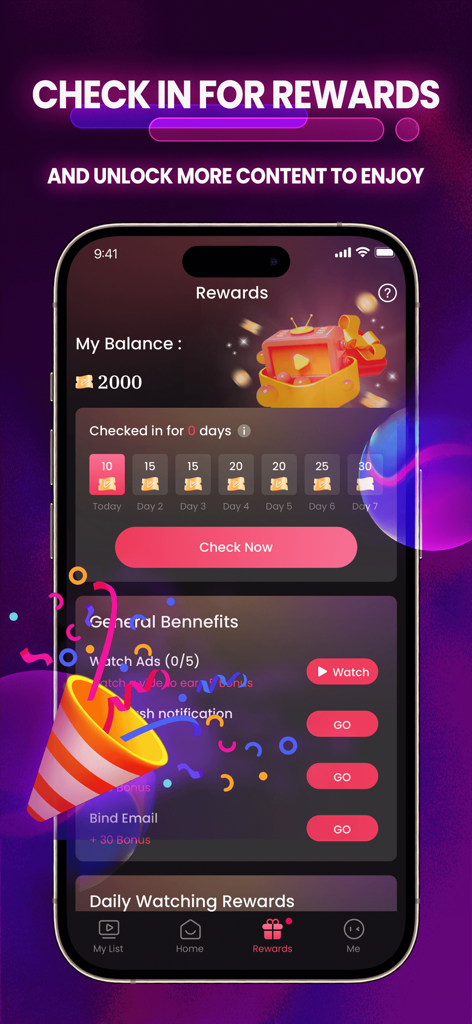BitePlay - BitePlay app rewards interface showing daily check-in options and ways to unlock short dramas