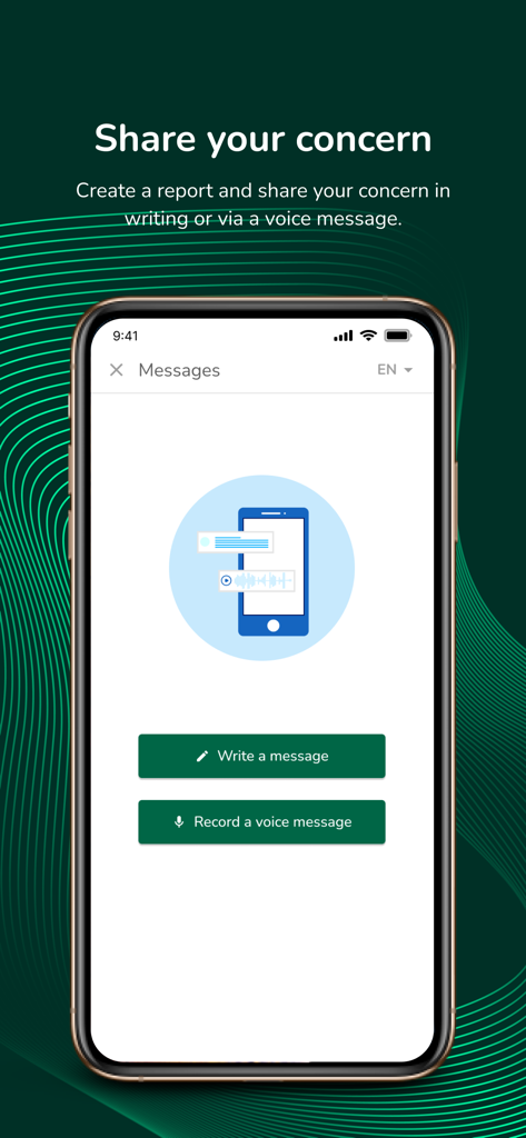 The SpeakUp app interface showing options to share a concern by writing a message or recording a voice message